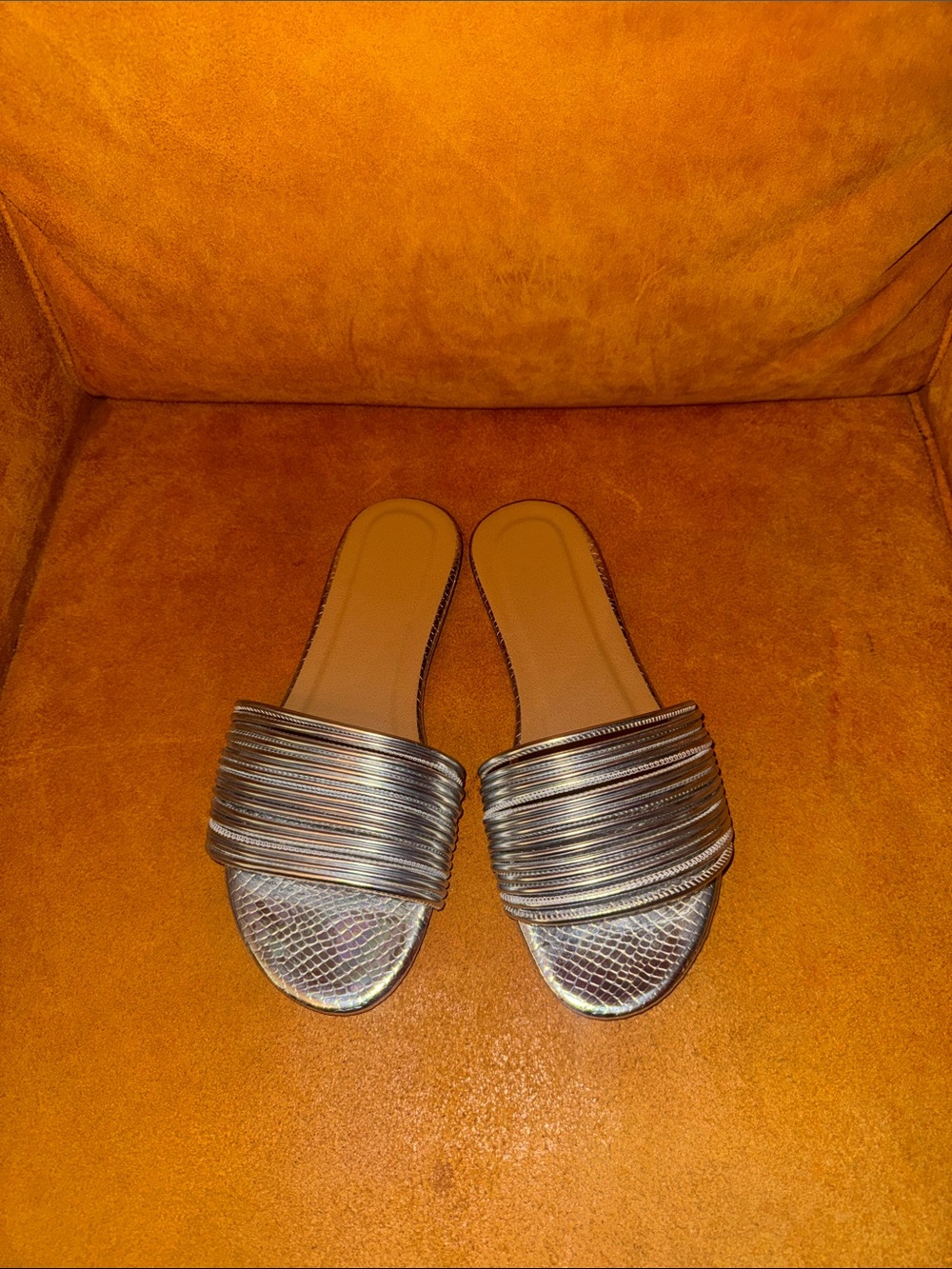 Women's Metallic Slide Sandals - Silver Strappy Upper